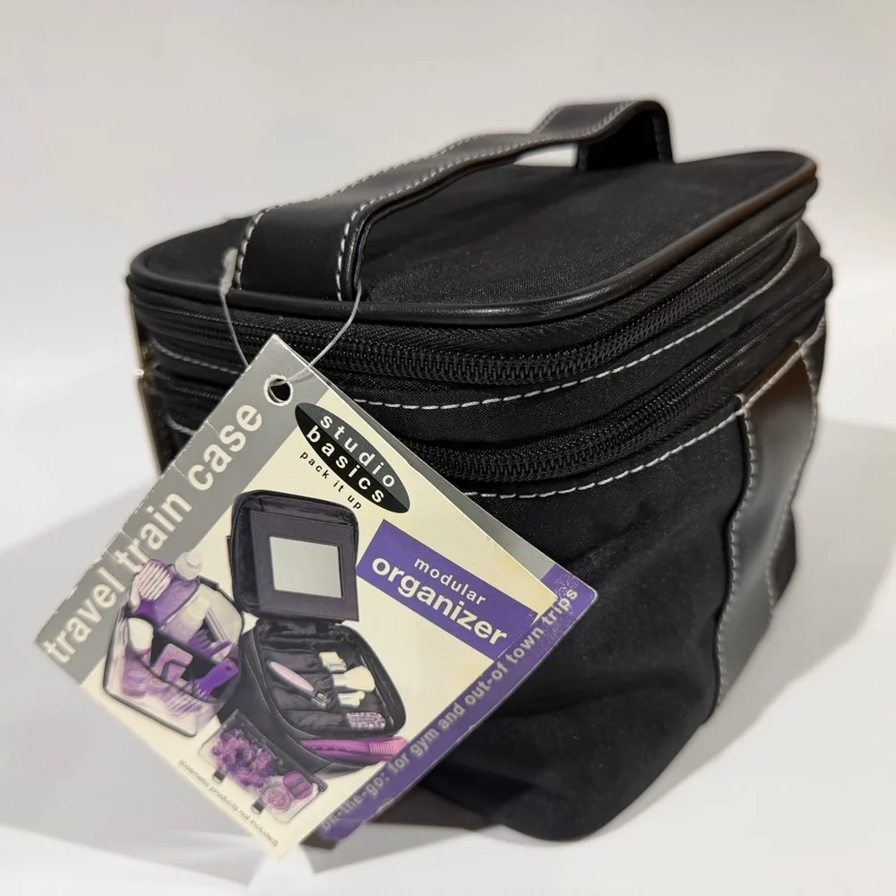 NWT Y2K 2004 Vintage Black Nylon Makeup Organizer Travel Train Case Cosmetic Bag